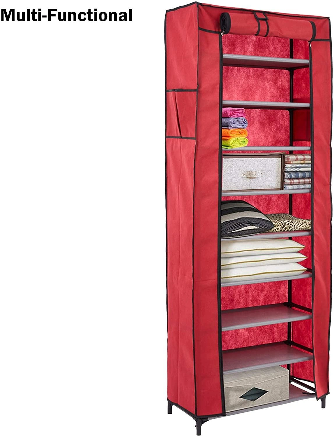 Stylish Red Shoe Cabinet - 10 Tier Dustproof Storage Solution for Your Collection.